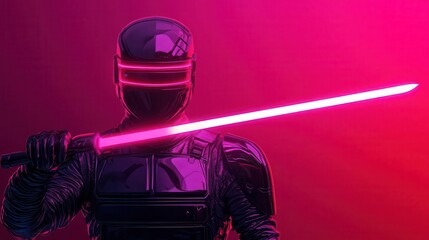 Cyber warrior raising energy blade, digital grid and neon surroundings, 3D illustration