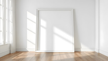 Fototapeta premium Mock up white frame on the wood floor. White colors.with nature light.