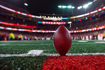an American soccer ball, on a soccer field. The field is covered with green artificial turf with white and red lines.