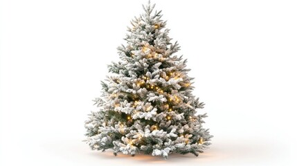 Nostalgic, vintage Christmas tree with snowy branches and warm lights, creating a cozy holiday scene on white background