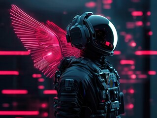 Naklejka premium Cyber defender with holographic wings, standing on neonlit rooftop, 3D illustration