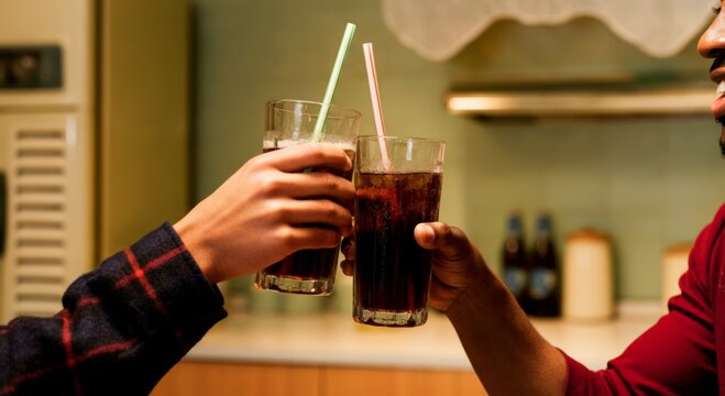 Two diverse friends clinking glasses of soda with retro paper straws in a mid-century modern kitchen.