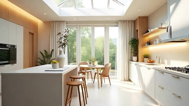 Modern Kitchen Design with Skylight, Open Plan Kitchen, Natural Light, Wooden Accents