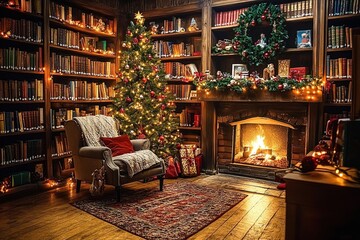 Cozy Christmas interior with tree and fireplace