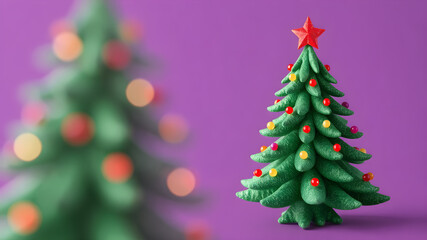 Fototapeta premium Christmas tree fabric on purple background. for new year's day, christmas, winter holiday, new year's eve.