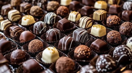 Luxurious display of assorted truffles in dark, milk, and white chocolate with delicate drizzles, nut toppings, and dusted finishes, crafted for ultimate indulgence.