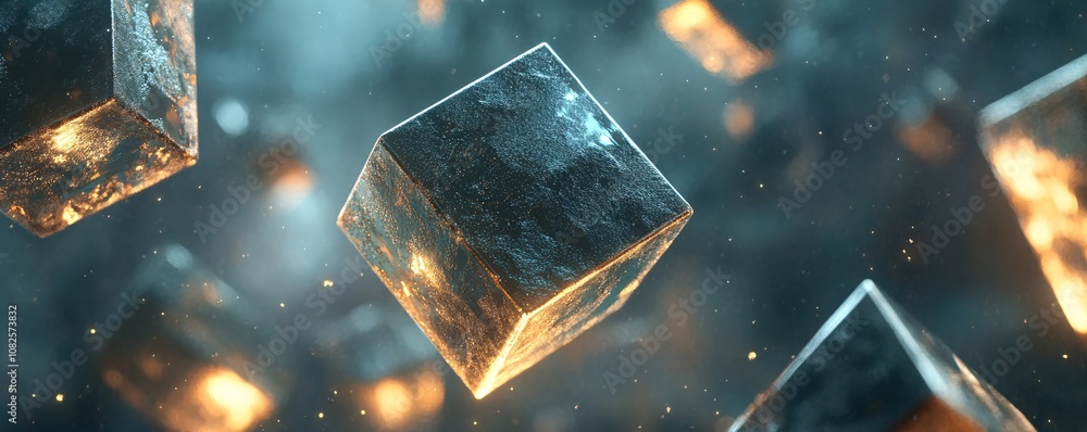Poster mysterious metallic cubes floating in smoky atmosphere