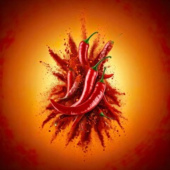 Spicy red chili peppers burst through a cloud of chili powder, creating a dynamic and aromatic scene. Vibrant colors and textures create excitement.