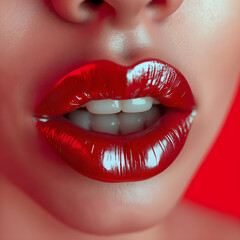 Obraz premium Woman with bright lip gloss on white background, closeup.