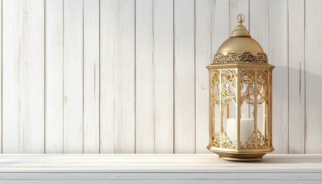 Golden lantern on wood