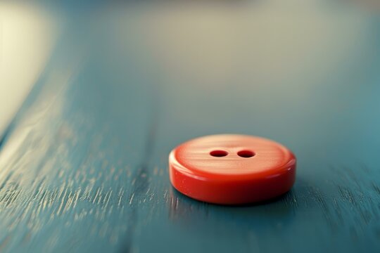 Single red button is lying on a textured blue wooden surface