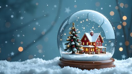 A whimsical snow globe featuring a cozy house and a decorated Christmas tree among delicate snowflakes