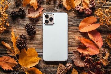  an empty blank cellphone white phone case mockup set against a autumn background 