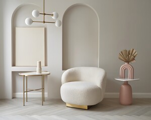 An elegantly designed interior space. Dominating the scene is a plush, off-white, rounded chair with a unique base that appears to be made of gold.