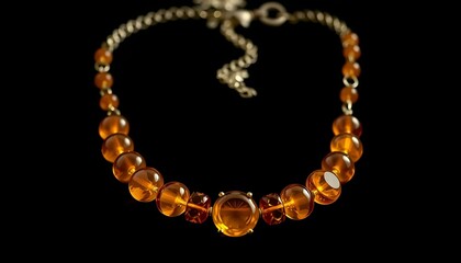 Obraz premium Stunning amber necklace with sparkling beads and decorative chain on black background, elegant design