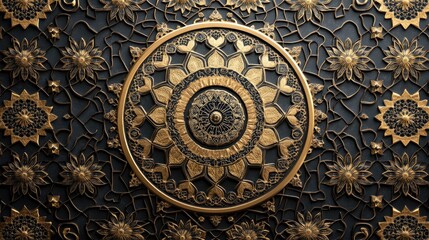 Obraz premium A circular, golden mandala with intricate details on a black background.