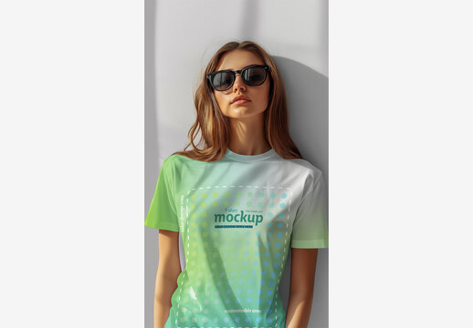 Stylish T-Shirt Mockup: Woman in Trendy Tee & Sunglasses, Leaning Casually Against Wall Generative AI