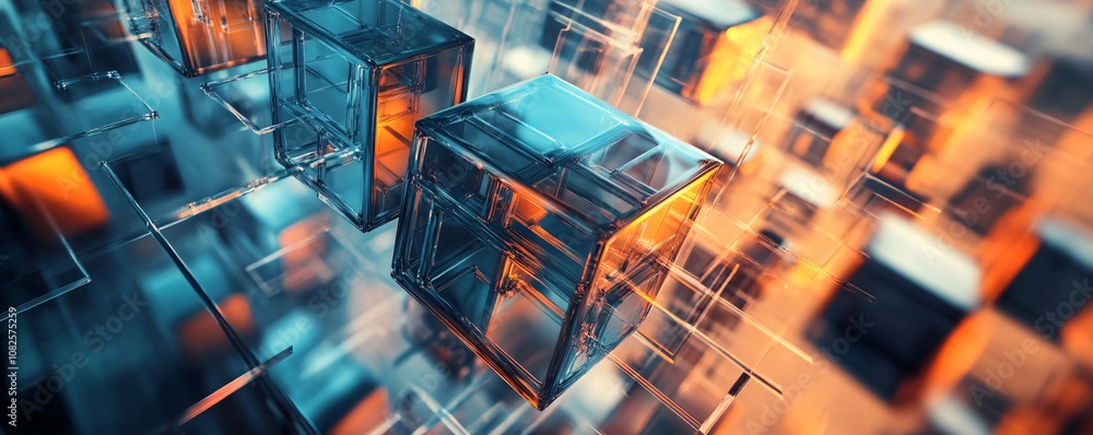 Poster glass cubes creating futuristic orange and blue data flow