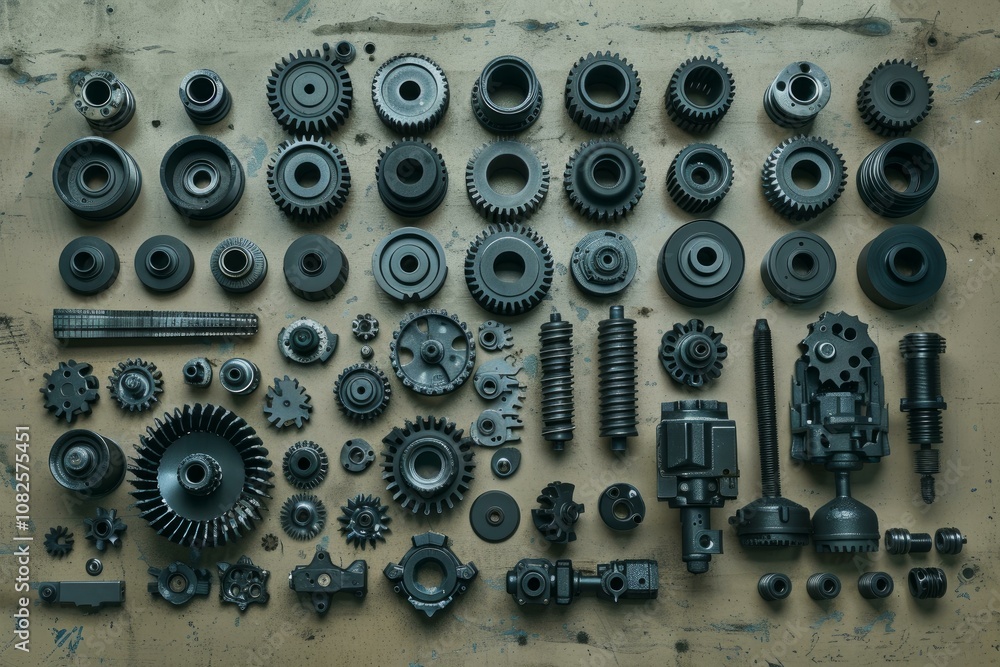 Poster many different car and machine parts are being arranged on a workbench by a mechanic