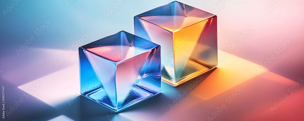 Poster two colorful glass cubes reflecting light on gradient background