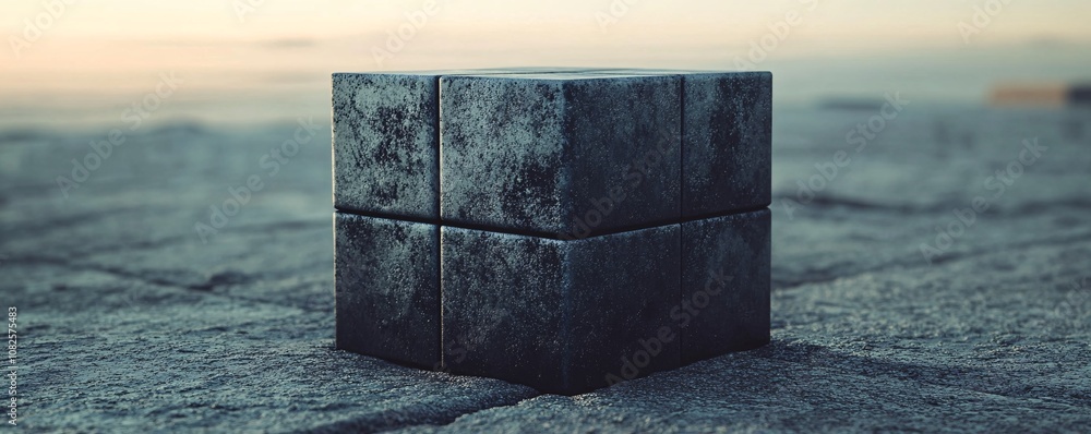 Poster Mysterious dark cube standing on a stone surface at sunset