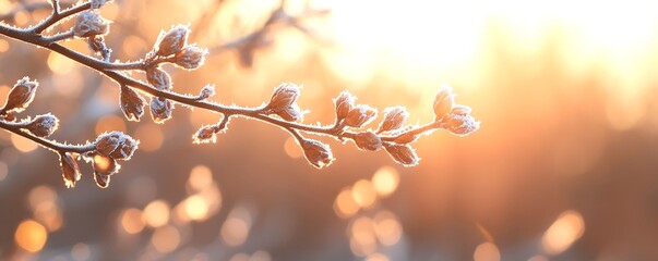 A frosted branch illuminated by sunlight, capturing a serene winter moment.