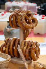 Salty tasty German pretzels bread on beer festival in October, Bayern, Germany