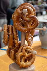 Salty tasty German pretzels bread on beer festival in October, Bayern, Germany