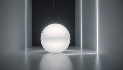 holographic ball in building on black background. 3D rendering of glossy white  ball in holographic
