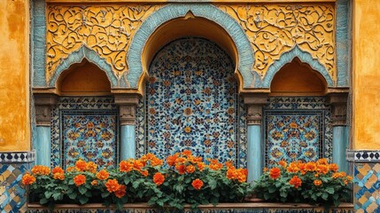 A close-up view of an ornate facade with intricate details, featuring a vibrant yellow and blue color scheme and floral accents.