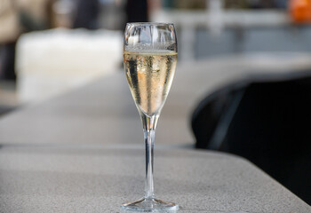 Tasting sparkling white wine, traditional champagne method making of cremant in caves on Moselle river valley in Luxembourg, wine tour and visiting caves