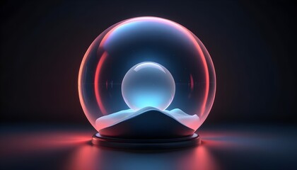 holographic ball in building on black background. 3D rendering of glossy white  ball in holographic