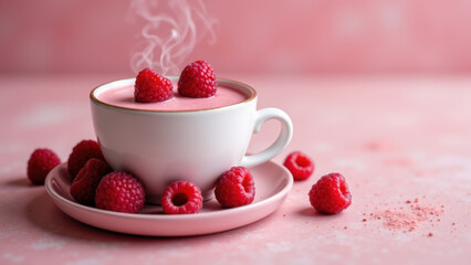 A cup of hot pink matcha with fresh raspberries on top sits on a matching saucer.