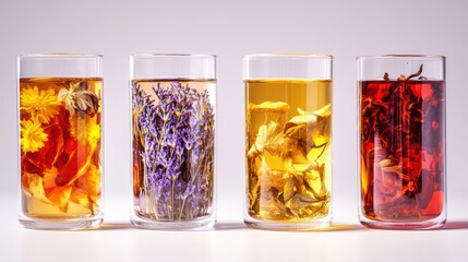 Luxurious herbal tea assortment in transparent glasses, featuring vibrant marigold, hibiscus, lavender, jujube, and chamomile flowers, with rich colors and a natural, soothing presentation.