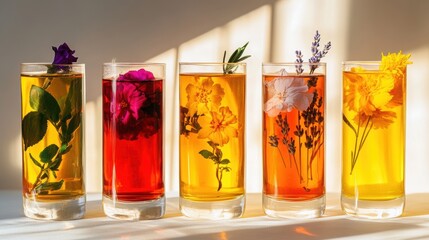 Luxurious herbal tea assortment in transparent glasses, featuring vibrant marigold, hibiscus, lavender, jujube, and chamomile flowers, with rich colors and a natural, soothing presentation.