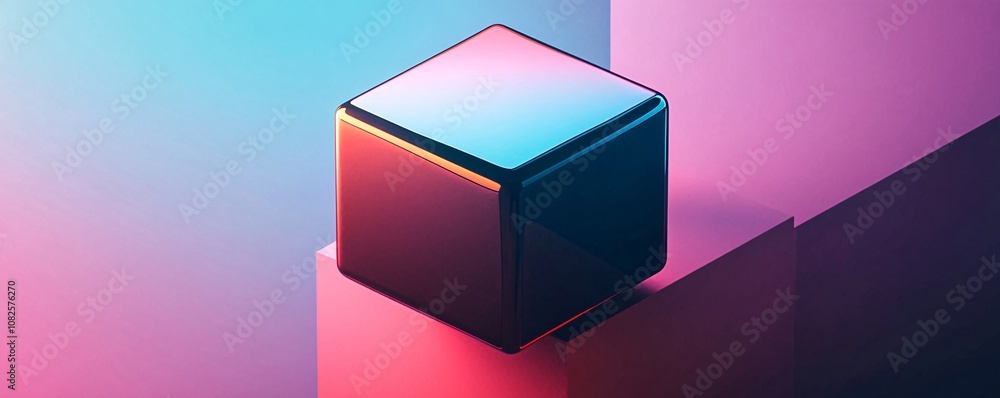 Poster Reflective cube balancing on colorful abstract structure