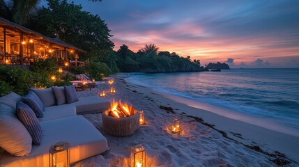 A cozy beachside lounge area with a bonfire, soft lighting, and a breathtaking sunset view.