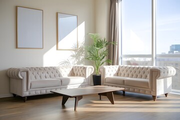 A modern living room with two plush, tufted beige sofas positioned facing each other. Above the table, two blank vertical frames hang on the wall