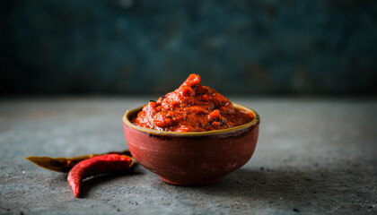 Red Indian chutney in bowl. Delicious sauce. Tasty food. Cooking and culinary concept.