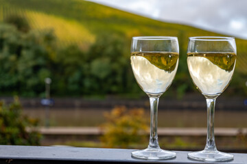 Glasses of white dry riesling wine made on Moselle river valley in Germany or Luxembourg, view on terraced vineyards