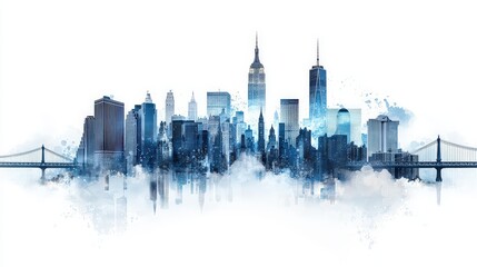 Fototapeta premium An intricate city silhouette outline featuring skyscrapers, rooftops, and bridges, standing against a stark white background, perfect for design and creativity.