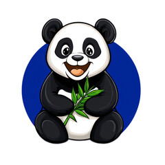 Obraz premium A cute cartoon panda bear sits contentedly holding a sprig of green bamboo.