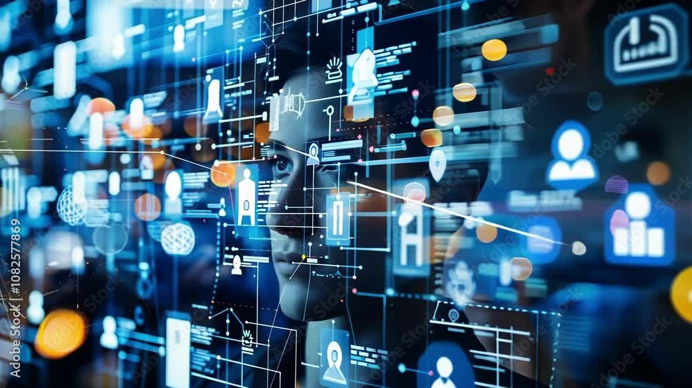 Poster businessman surrounded by digital data highlighting the importance of cybersecurity and data protect