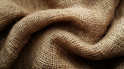 Fototapeta premium A close-up view of a burlap fabric displaying its unique texture and soft folds, illuminated by natural light. The earthy tones create a warm, rustic feel.