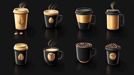 Collection of coffee-themed icons such as a steaming mug, espresso machine, and coffee beans, designed in a clean, modern style.