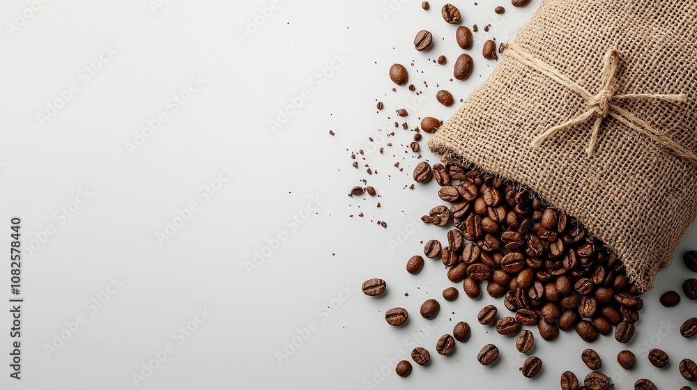 Poster rustic burlap coffee sack with tied string, placed on a white background with roasted coffee beans s