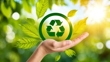 hand holding green symbol recycling in nature, leaves