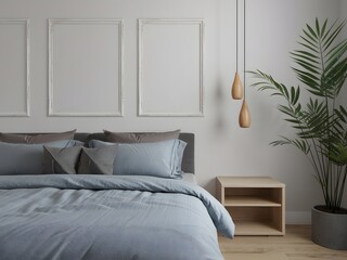 A contemporary bedroom design. Above the bed, three empty frames with white blank.