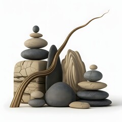 Minimalist composition of various textured stones and a single organic branch against a pure white background. Hyper-realistic details emphasize natural textures and smooth contours, ideal for nature-