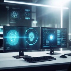 Fototapeta premium An imaginative depiction of AI performing real-time security monitoring, with floating data visualizations, threat maps, and algorithmic patterns illustrating its role in identifying and mitigating c